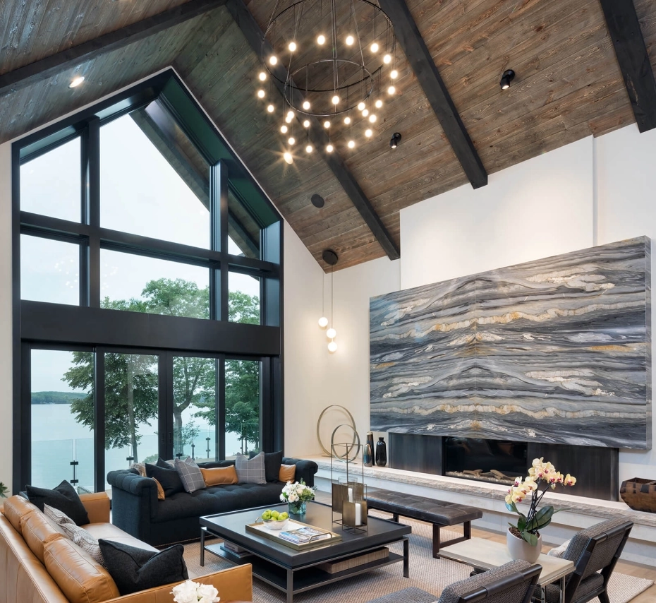a living room with gorgeous windows