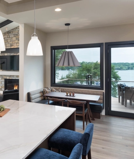 a kitchen with a window view